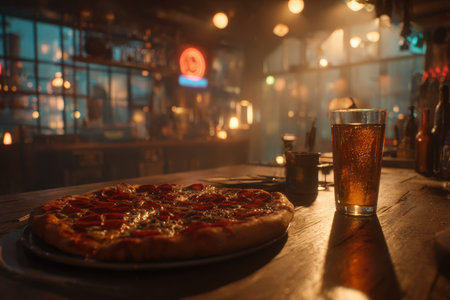 A cinematic bar scene featuring a pizza and a glass of beer in the foreground. Warm light reflections and depth of field enhance the texture and realism of the setting.の素材