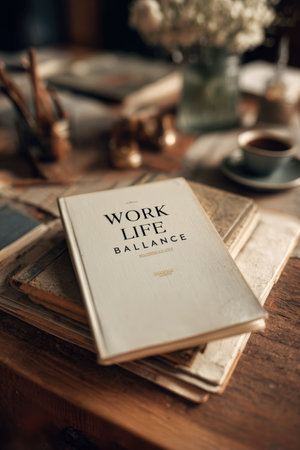A realistic photograph of an open book titled "Work Life Balance" on a wooden table, surrounded by stationery and a cup of coffee, creating an inspirational journaling scene.の素材
