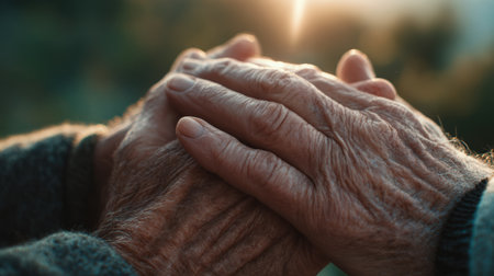 A close-up image of elderly hands gently clasped, representing intergenerational love. Captured in soft, natural light, highlighting the cinematic detail and emotional connection.の素材