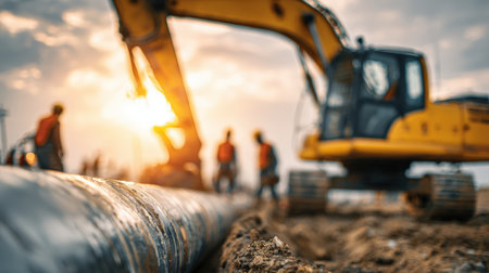 Side view of an excavator aligning a pipeline with blurred workers in the background, captured in glowing afternoon light, highlighting construction activity and teamwork.の素材