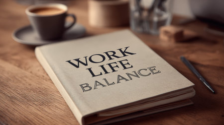 A cinematic-toned image of an open notebook with "Work Life Balance" typography on a desk, accompanied by a coffee cup. Ideal for illustrating workspace inspiration and motivation.の素材
