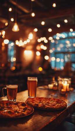 A cozy pub setting with two pizzas and beers on a wooden table, surrounded by warm ambient lighting. The shallow depth of field enhances the inviting evening atmosphere.の素材