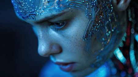 Cinematic digital portrait of a hybrid human-cyborg, featuring visible metallic circuits on one side and human features on the other, set in cool blue lighting for a futuristic atmosphere.の素材