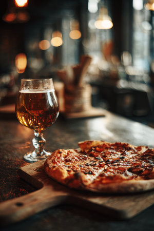 A delicious pizza on a wooden paddle paired with a golden beer glass on a bar. The image captures a cozy, vintage pub aesthetic with detailed textures and warm tones.の素材
