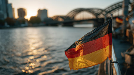 The German national flag waves gracefully during golden hour, set against a soft-focus cityscape and bridge. The scene captures vivid colors and warm light, evoking cinematic realism.の素材