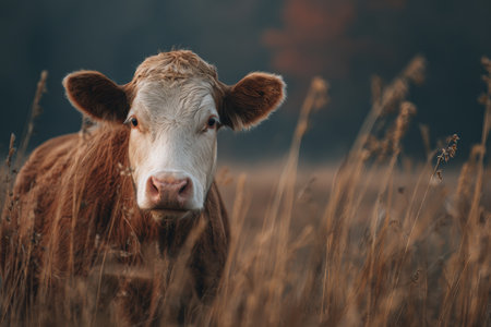 A curious cow stands in a field surrounded by wild grasses, gazing at the camera. The cinematic nature photography captures the serene rural landscape and the animal's inquisitive expression.の素材