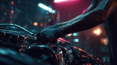 A mechanic with gloved hands works on a futuristic electric car engine in a neon-lit cyberpunk-style workshop, creating a cinematic atmosphere with vibrant colors and modern technology.の素材