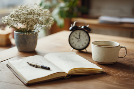 A serene workspace featuring an open notebook, a cup of coffee, and a clock. This setting embodies mindfulness and effective time management in a calm environment.の素材