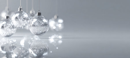 Elegant ultra-wide banner featuring transparent glass baubles against a neutral gray gradient. The baubles are precisely reflected, creating a luxurious and minimalistic layout.の素材