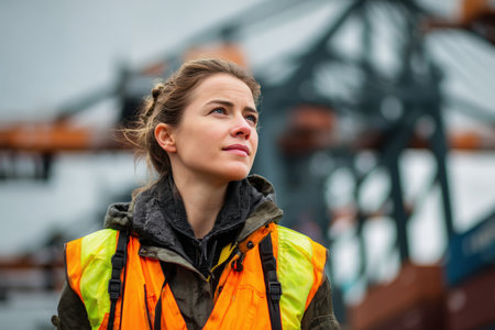 A female worker wearing a reflective vest stands confidently at an industrial site. Cranes and shipping containers form the backdrop, captured in a cinematic corporate photography style.の素材