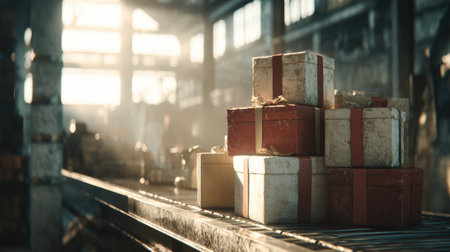 A cinematic scene of a pile of presents on a metal conveyor, bathed in warm sunlight streaming through warehouse windows, creating a festive atmosphere.の素材