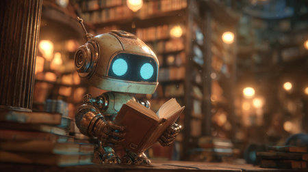 A small AI robot with metallic arms and blue-lit eyes reads a paper book under warm golden light, surrounded by ancient bookshelves in a cozy, fantasy-inspired library setting.の素材