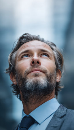 A professional male executive looks upward with ambition in a modern office environment. The blurred background enhances the focus on his determined expression, conveying a sense of aspiration.の素材