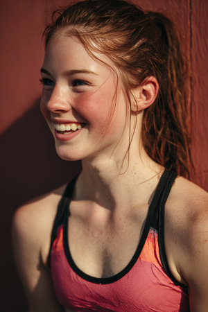 Portrait of a young athlete smiling warmly after a competition. Captured in natural light with a simple, clean backdrop, showcasing a photorealistic and vibrant expression.の素材