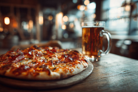 Cinematic food photography featuring a freshly baked pizza on a wooden table beside a cold glass of beer. The warm pub lighting and shallow depth of field create a cozy atmosphere.の素材