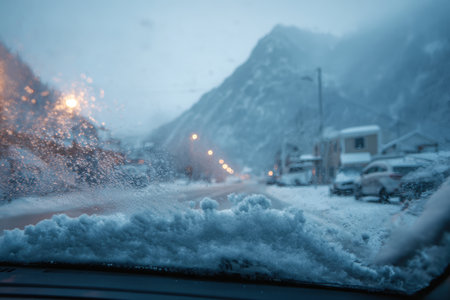 A parked car with a thick layer of snow on its windshield captures the serene winter stillness of a mountain town street. The cinematic depth enhances the tranquil scene.の素材