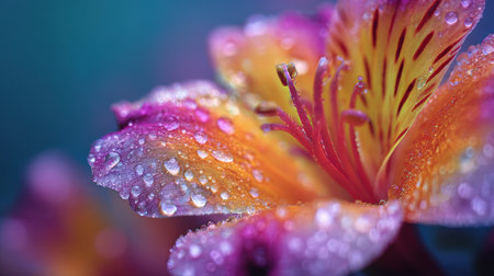Ultra-detailed macro shot of a vibrant multicolored flower with dew-covered petals. The image features a dreamy aesthetic with soft bokeh lights, highlighting the flower's beauty.の素材