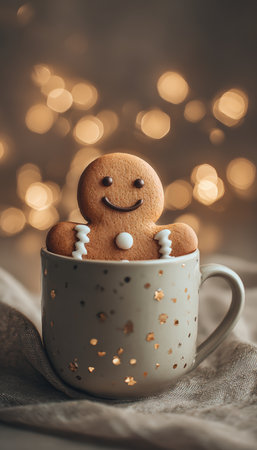 A cute gingerbread man cookie smiles from a decorative mug, creating a cozy holiday atmosphere with warm golden light reflections. Perfect for festive and lifestyle themes.の素材