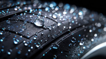 Ultra-detailed macro photograph showcasing tire grooves filled with water beads. Captured with precise studio lighting for enhanced product visualization and texture clarity.の素材