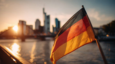 German flag waves in the wind above a city river at sunset, with warm golden light illuminating the skyline. The image features detailed fabric texture and a soft bokeh background.の素材