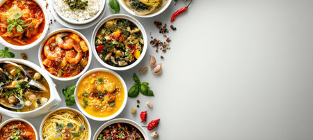 A vibrant horizontal banner showcasing an array of photorealistic dishes arranged in a competition style. The bright colors and clean background make it ideal for web layouts.の素材