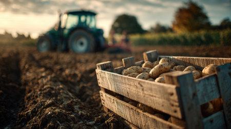 Cinematic agricultural scene featuring a wooden crate of potatoes in the foreground and a tractor working in the distance, illuminated by soft evening sunlight on rural farmland.の素材