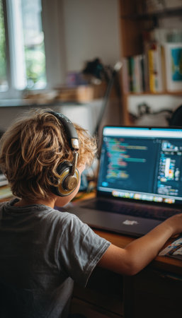 A young boy wearing headphones concentrates on a coding lesson on his laptop. The home desk setup is minimal, reflecting a remote learning environment with a focus on technology.の素材