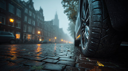 Close-up of a car tire on a wet cobblestone street in a foggy European city. The early morning atmosphere is enhanced by soft natural lighting, creating a moody urban scene.の素材