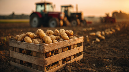 Wooden crate filled with freshly harvested potatoes on a farm field during golden sunset. A red tractor is visible in the background, creating a cinematic rural atmosphere.の素材