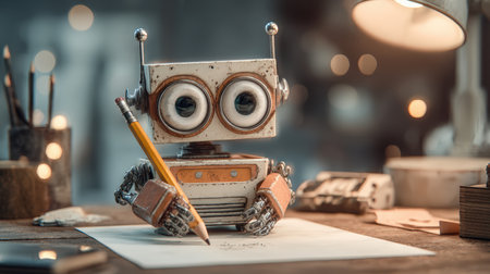 A small, creative robot with mechanical arms and expressive eyes writes on white paper with a pencil. Surrounded by cozy desk items, the scene is lit with cinematic close-up lighting.の素材