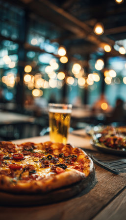 A delicious pizza and a glass of beer sit on a wooden table in a dimly lit restaurant. The background features warm bokeh lights, creating a cozy and inviting atmosphere.の素材