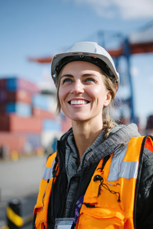 A female port engineer smiles confidently at a cargo yard, wearing a helmet and safety vest. The blue sky and shipping containers create a dynamic industrial backdrop.の素材