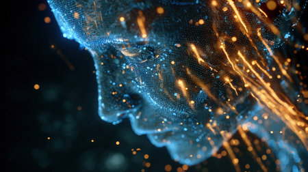 A digital human head composed of glowing blue data lines and particles, surrounded by floating orange lights, symbolizing artificial intelligence and neural networks in a cyber aesthetic.の素材