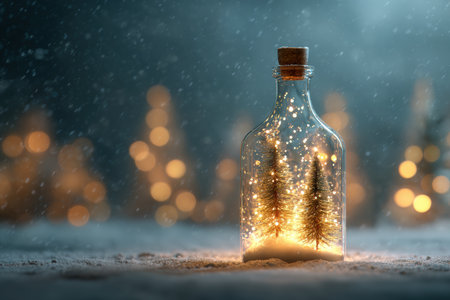 A festive composition featuring a glass bottle with glowing lights and miniature trees inside. Snow gently falls, creating a cinematic and magical holiday atmosphere.の素材