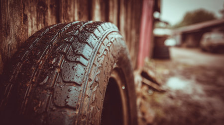 Macro shot of an old vintage tire with water droplets, showcasing faded rubber and scratches. The tire is parked beside a rustic barn, captured in a nostalgic, retro tone.の素材