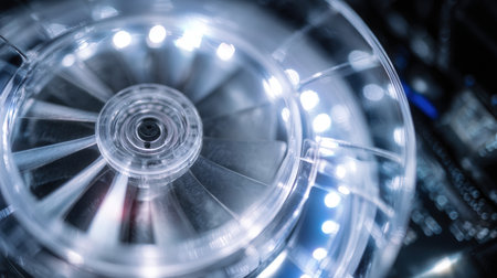 Macro shot of a spinning fan inside a transparent casing, highlighting illuminated interior components. The cinematic detail emphasizes the intricate design and technology.の素材