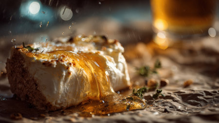 Close-up image showcasing melted mozzarella cheese and a frothy beer on a rustic background. The cinematic bokeh and realistic food photography enhance the visual appeal.の素材
