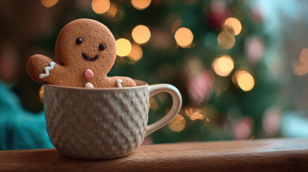 A gingerbread man cookie leans in a textured cup with a blurred Christmas tree in the background, creating a warm and cozy holiday atmosphere in this lifestyle photograph.の素材