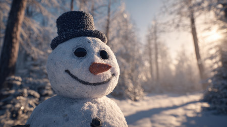 A cheerful snowman stands in a frosty forest, illuminated by morning light reflecting off the snow. This peaceful winter scene captures the essence of a cinematic winter wonderland.の素材