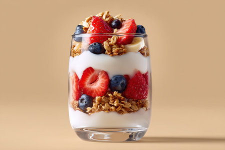 A delectable yogurt parfait in a clear glass, layered with crunchy granola and fresh strawberries, blueberries, and bananas, isolated on a solid cream background.の素材