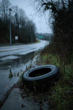 A worn-out tire lies abandoned on a wet roadside under moody, overcast skies. The cinematic realism and storytelling perspective evoke a sense of solitude and neglect.の素材