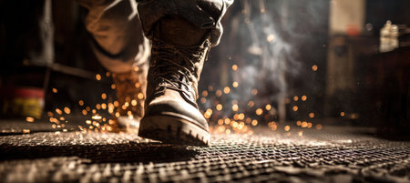 A worker in rugged boots steps over metal grates in a dimly lit workshop. Sparks fly in the background, creating dynamic action lighting, captured in a documentary photography style.の素材