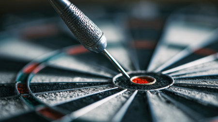 Symbolic close-up of a dart hitting the bullseye on a dartboard. The image features a modern, clean background with sharp contrast, captured in a fine art style.の素材
