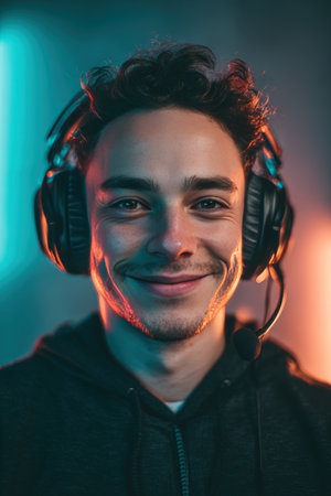 Portrait of a smiling gamer wearing a headset, set against a glowing LED background. The image features a photorealistic style with soft focus and modern vertical framing.の素材