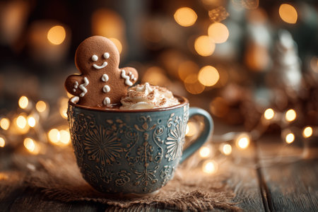 A gingerbread cookie sits in a cup of hot chocolate, surrounded by soft holiday lights. The warm tones and shallow depth of field create a cozy, festive atmosphere.の素材