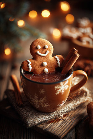 A gingerbread man cookie floats in a mug of cocoa, accompanied by a cinnamon stick. The scene is set with warm, golden lighting, creating a cozy winter atmosphere.の素材