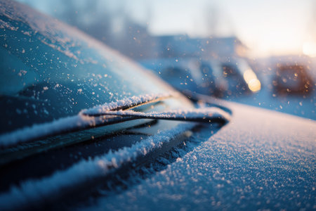 A detailed view of a car windshield covered in snow with frozen wipers, captured in cold blue morning light. The shallow depth of field enhances the realistic winter scene.の素材