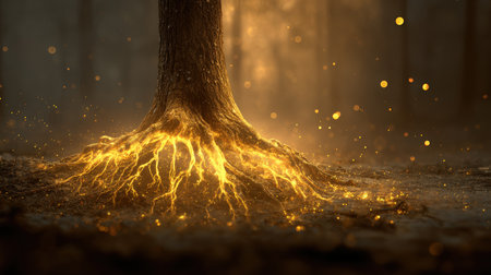 A small tree with glowing roots emits a warm golden light in a forest setting. The scene is filled with floating dust particles, symbolizing growth and connection with a cinematic depth.の素材