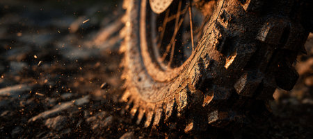 A close-up side profile of a muddy off-road tire with thick dirt textures and mud splashes, captured in rugged mountain terrain during golden hour, showcasing adventure photography style.の素材