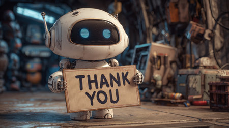 A cute humanoid robot with smooth white armor holds a "THANK YOU" sign in a futuristic workspace. The setting features cinematic lighting and a warm, friendly atmosphere, showcasing high-detail concepの素材